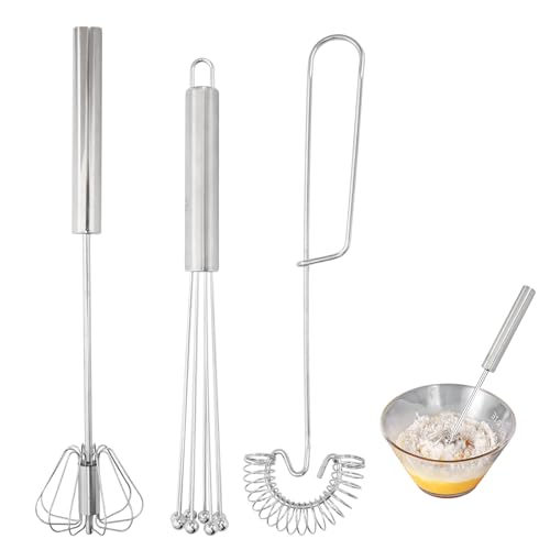 Schneebesen Set Edelstahl, 3 Stück Mini Rührbesen, Inklusive Halbautomatischer Schneebesen, Spiralschneebesen, Rührbesen Quirl mit Perlen, Handschneebesen für Mischen, Aufschäumen