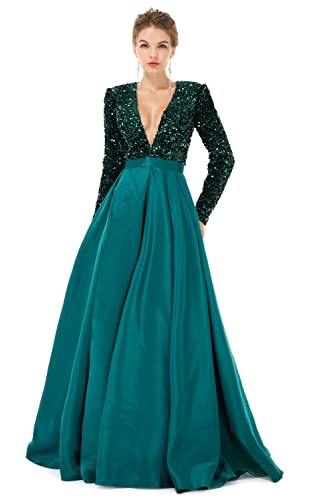 Women's Long Sleeves Deep V-Neck Sequins Split Evening Dress2