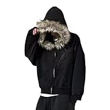 OANTGM Crop Winter Coats Teen Y2k Zip Up Hoodie Fur Jackets 2000s Streetwear Emo Grunge Streetwear (Black02,Medium)