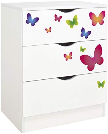 Leomark Roma White Chest of Drawers with 3 Drawers for Children's Bedroom Scandinavian Style 60 x 42 x 78 cm (Butterflies)