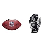 Wilson American Football NFL The Duke, Offizielle NFL-Größe, Horween-Leder, braun & American Football Receiver-Handschuhe NFL Stretch FIT RECEIVERS Glove, Einheitsgröße, schwarz/Silber, WTF930700M