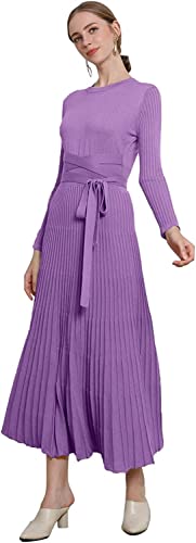 Image of Women's Long Sleeve Sweater Dress Ankle Length Fall Dress Vneck Knit Winter Dress