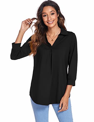 Newchoice Women's 3/4 Sleeve Shirts V Neck Dressy Casual Comfy Work Blouses Ladies Stylish Loose Tunic Tops (Black, Xl) #TOP1