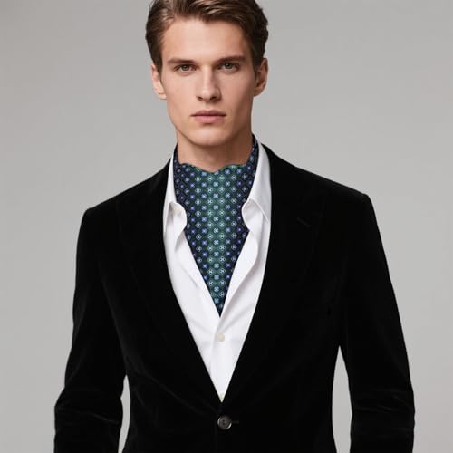 Image of Hi-Tie Silk Ascot for Men Self Tie Men's Cravat and Flower Lapel Pin Handkerchief Cufflinks Set for Wedding Party