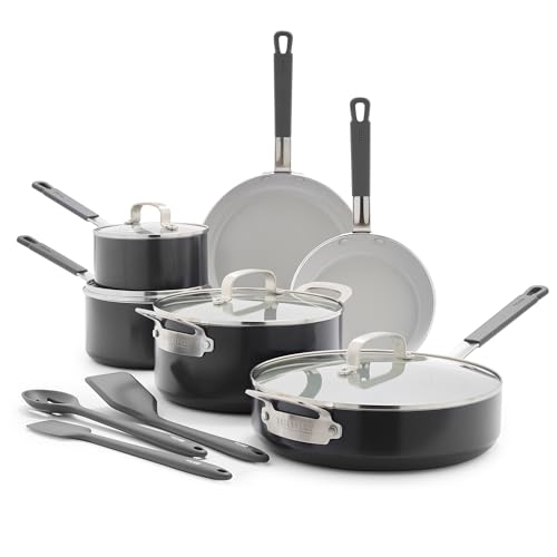 Image of GreenPan x Bobby Flay 13 Piece Nonstick Cookware Pots and Pans Set, PFAS-Free Diamond Ceramic, Induction Suitable, Easy Clean Dishwasher & Oven Safe, Stay-Cool Silicone Handles, Glass Lids, Graphite