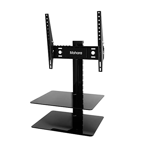 Image of MAHARA TV Bracket With Shelves - All in one tilt & turn TV Mount with Black Glass AV shelving - For TVs up to 55 inches - Max 30Kg - VESA Compatible