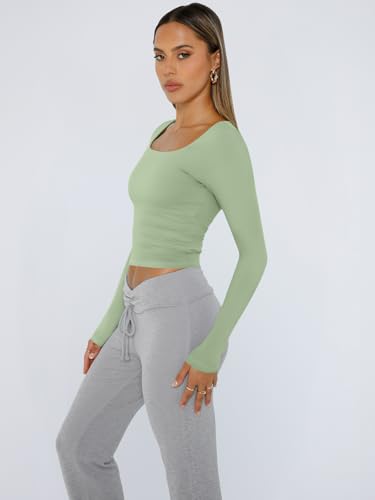 Trendy Queen Womens Long Sleeve Shirts Crop Tops Basic Double Layering Tight Slim Fit Y2K T Shirts Winter Clothes 2024