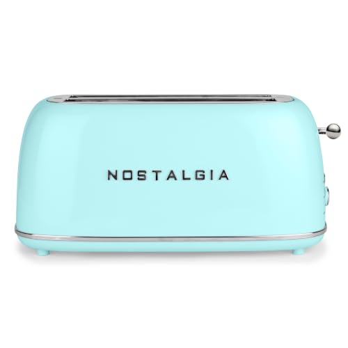 Nostalgia Classic Retro 4-Slice Toaster- Vintage Design- Enamel Coated Steel Body- Wide Slots for all Breads- Crumb Tray, Cord Storage- Defrost,Cancel and Bagel Function & 6 Toasting Levels- Aqua