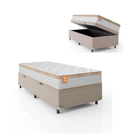 Cama Box Baú Solteiro Colchão Molas Ensacadas Real 88x188x68cm Branco/Bege - Suporta até 130kg por Pessoa