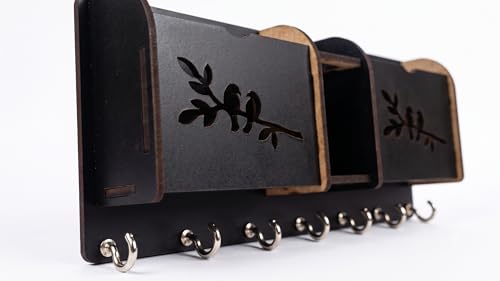 Image of Wall Mount Key Holder & Mail Organizer | Laser-Cut Key Hanger with 7 Metal Hooks, Letter Rack & Pen Stand | Wooden Wall Decor for Entryway, Living Room, Home & Office (Bird Branch)