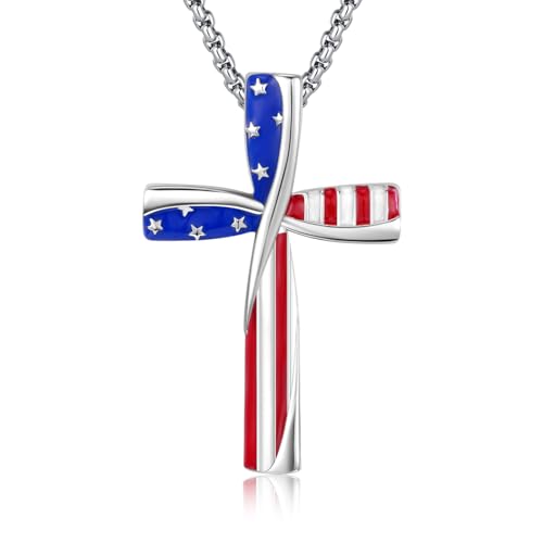 CUOKA MIRACLE American Flag Cross Necklace 925 Sterling Silver Patriotic Jewelry Religious Cross Pendant Necklace Independence Day Patriotic Jewelry Gift for Men Women