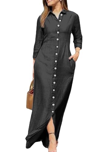 Robe chemise noire YMING en taille XL avec manches longues et poches pratiques pour femme