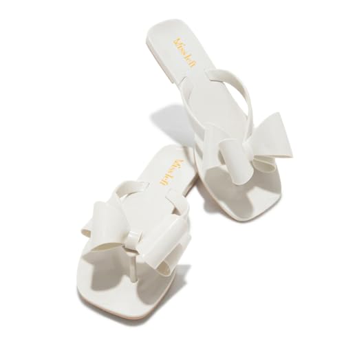 miss left Women Versatile Open Square Toe Flip Flops Double Bowknots Slip on Thong Sandal Flats Summer Beach Casual Indoor Outdoor Slipper Size 4-16 US