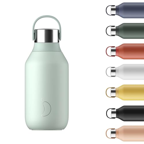 Chilly's Series 2 Water Bottle - Vacuum Insulated Stainless Steel Water Bottle with Soft Collar & Carry Loop, Thermal Flask for Hot & Cold Drinks - Leak Proof, No Sweat - Lichen Green, 350ml