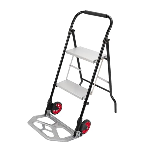 Yeeoy 2-in-1 Hand Truck Foldable 2-Step Ladder with Wheels, Heavy Duty Rolling Portable Utility Cart Collapsible Dolly for Garage Warehouse Factory, Black
