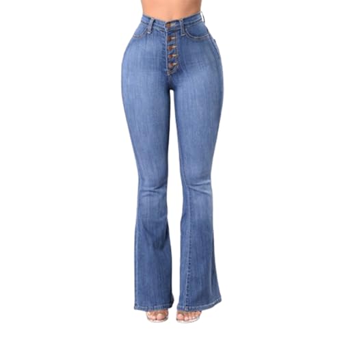 Jean évasé à jambe droite femme pantalon denim taille haute slim bootcut bleu XL