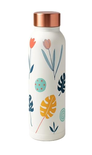 Image of KC Pure Copper Designer Water Bottle with Leak Proof Protection, Ayurveda Health Benefits. (1000ml, 1Unit) with Leaf Print Design