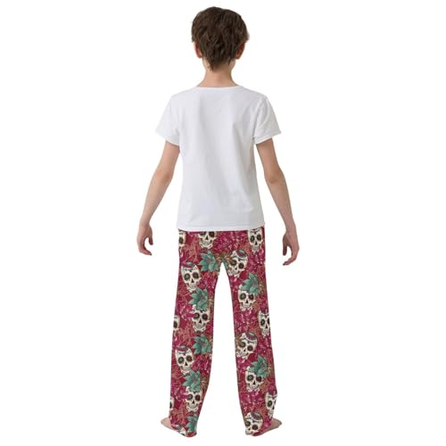 ZZXXB Skull and Flowers Boys Long Pants Soft Trousers Elastic Waist Kids Lounge Bottoms with Pockets S-XL3