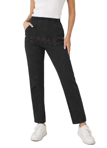 Image of URBAN STITCH Trouser for Women UK Denim Casual Full Length Elasticated High Waist Pants with Stretch Light Weight Summer Straight fit Ladies Bottoms (18, Denim-(Black))