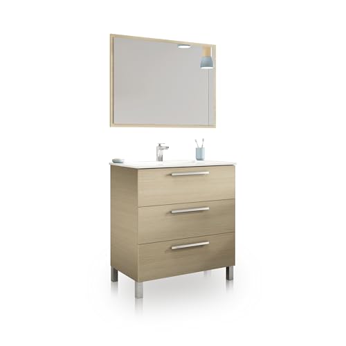 Duehome Mueble De Baño Con 3 Cajones Y Espejo, Modulo Lavabo, Modelo Feel, Acabado En Roble, Medidas: 80 Cm Ancho X 86 Cm Alto X 45 Cm Fondo