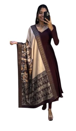 Image of Women's Ethnic Anarkali Kurta Set | Premium Vichitra Silk Gown with Printed Mayura Silk Kalamkari Dupatta Brown