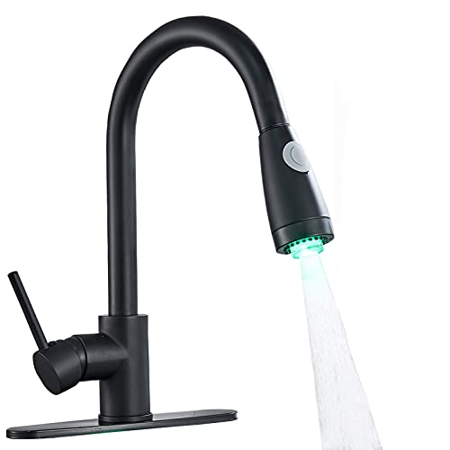 Votamuta NEW Deck Mounted Black Color LED Light Pull Out Sprayer Kitchen Sink Faucet One Handle Kitchen Mixer Tap with Hole Cover Plate
