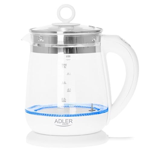 ADLER AD 1299 Elektrischer Wasserkocher aus Glas 1,5 Litern, Beleuchteter Innenraum, Teesieb, Temperaturregelung von 60 bis 100 °C, Kabellos, BPA-freies Glas, Automatische Abschaltung, 2200 W, Weiß