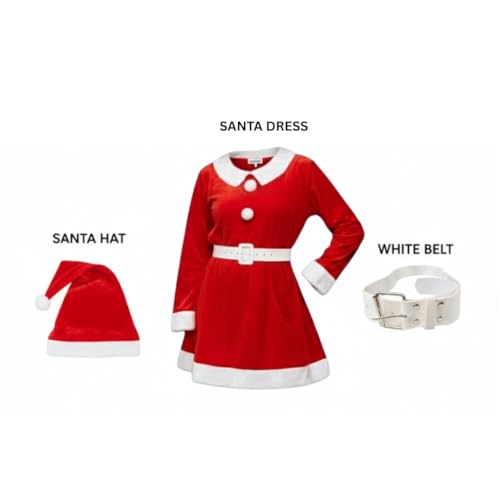 Image of Wanna Party Mrs Claus Costumes Women Santa Claus Suit Cosplay Costume Outfit Dress One Size with Hat and Boot Covers, Red