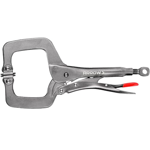 ARROW 11 Inch C-Clamp Locking Pliers with Swivel Pads, Through-Hole Adjustment, One-Handed Release Trigger, Heat-Treated Steel Welding Clamp for Woodworking and Metalworking