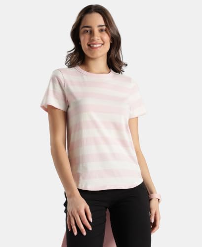 Image of Jockey A121 Women Super Combed Cotton Stripe Fabric Relaxed Fit Round Neck Half Sleeve T-Shirt with Curved Hem Styling