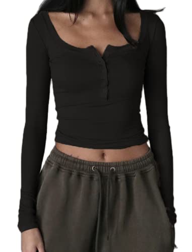 KMBANGI Camisa corta sexy delgada de manga larga cuello redondo camisetas ajustadas Top de punto recortada blusa retro Streetwear, D Button Black, Small