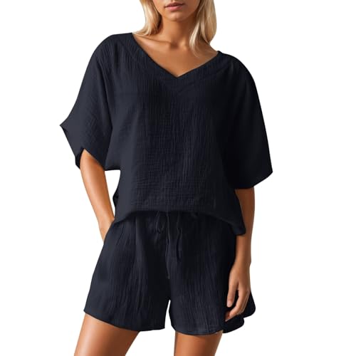 Genérico 2026 Conjunto veraniego femenino de pantalones cortos plisados con blusa manga corta doble capa casual (Black, XL)