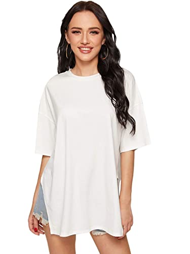 Floerns Women's Casual Basic Short Sleeve Loose Split Side Tee Tops A-White L #TOP3