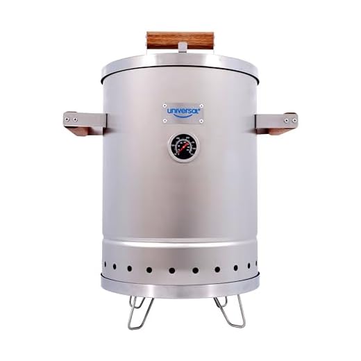 Universal (6-pound) Stainless Steel (Small) Charcoal Barrel Smoker with Thermometer & Airlock system - 16.5"x 21.18" x ⌀11.81", 2 in 1 Vertical Smoker - Grill and Smoker, 6-serving Slow Cooking Smoker