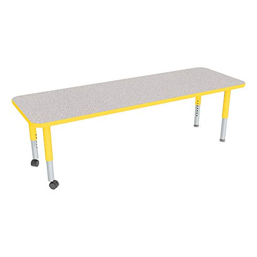 Image of Sprogs Adjustable Height Mobile Classroom Activity Table for Preschools, Rectangle Preschool Activity Table with Casters, 24 inchD x 72 inchW x 23 inchH, Gray /Yellow