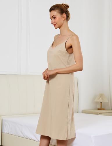 Image of Women Dress Slips for Under Dresses 100% Cotton Full Slip with Adjustable Spaghetti Strap V Neck