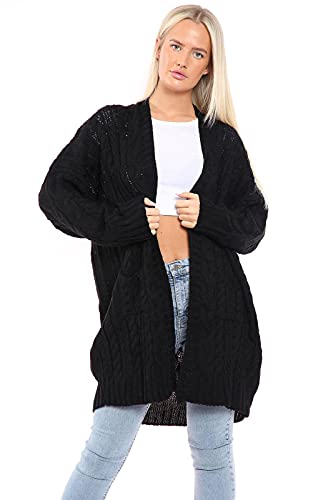 H&F ® New Women Ladies Long Sleeve 2 Side Pocket Chunky Cable Knitted Oversize Baggy Open Boyfriend Cardigan Size-16-18 20-22 24-26(Black 24-26)