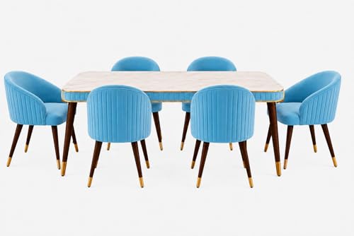 Image of WOODEN SPACE 6-Seater Wooden Dining Table Set | Nano Composite Marble Top | Solid Wood Base | Modern Dining Room Furniture with 6 Chairs (Sky Blue)