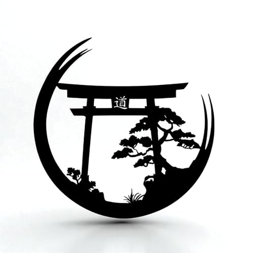 Décoration murale japonaise en métal Torii Gate & Bonsaï – Sculpture ronde inspirée du zen pour salon, coin de méditation ou entrée – Design...