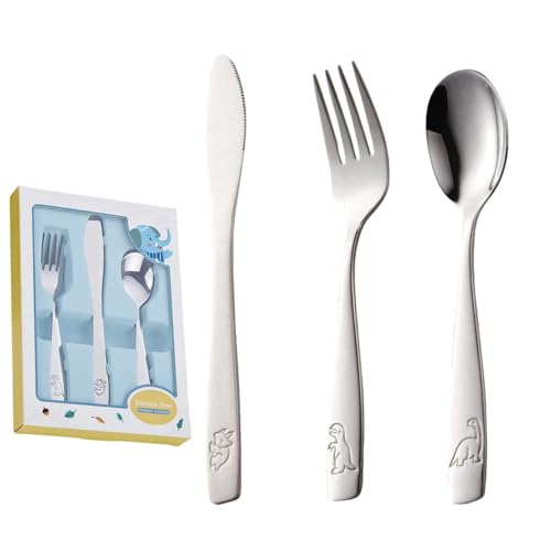 DAWOOWF Set di 3 Posate per Bambini in Acciaio Inox 304,1 Cucchiai per Bambini,1 Forchetta per Bambini,1 Coltello per Bambini,Adatto per La Casa E La Scuola