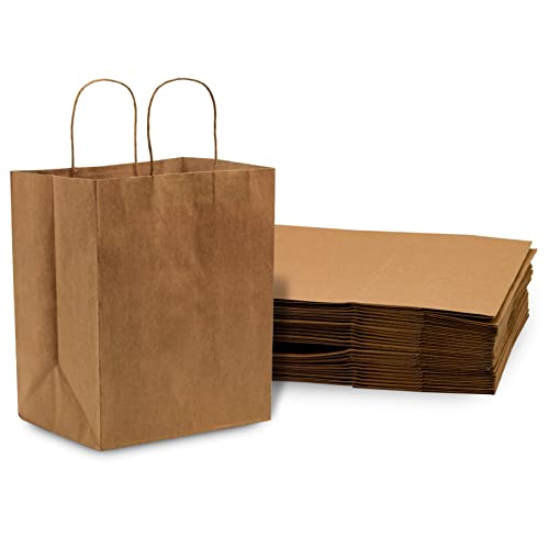prime line packaging medium brown paper bags with handles for small business, to go food, shopping, grocery, retail, party favor, 10x6.75x12, 100 pack