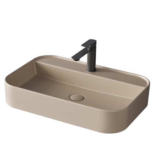 EMKE Waschbecken Matt-Beige 600 x 400 x 110 mm, Aufsatzwaschbecken Bad, Hängewaschbecken Wandmontage, Eckiges Keramikwaschbecken, Waschtisch Waschschale für modern Badezimmer und Gäste-WC