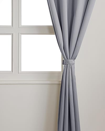 Image of The Home Story Smoke Grey Blackout Eyelet Window Curtains Set of 2, (5 Feet) 54 x 60 Inches, Room Darkening & Noise Reduction Curtains with Tiebacks