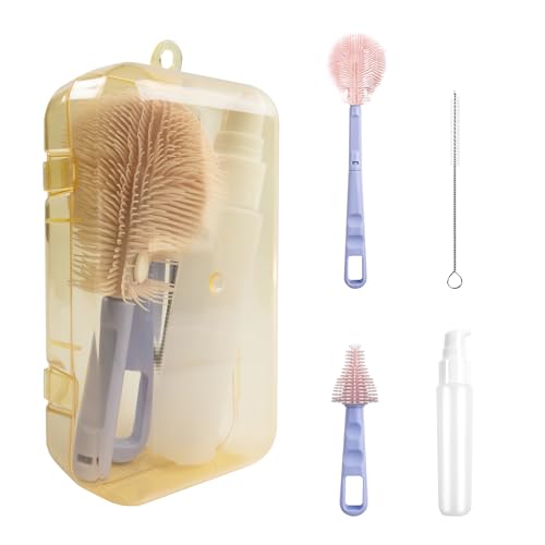 Cepillo para biberones, kit de viaje 5 en 1 para limpiar biberones con cepillo de silicona extensible, cepillo para pezones, cepillo para pajita, dispensador de jabón y estuche organizador (morado)