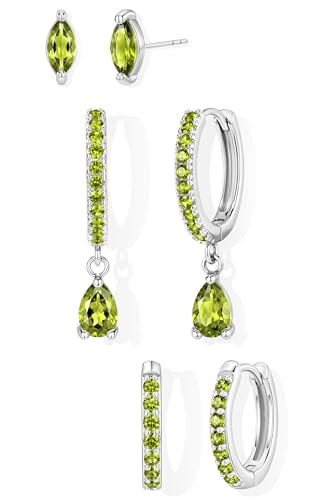 GoldGifts August Birthstone Peridot Earrings - Yellow Green Summer Jewelry Gift Hypoallergenic Sterling Silver Small Huggie Hoop Set for Women Dainty Trendy Stack Dangle Studs for Cartilage Helix