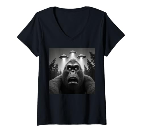 Mujer Bigfoot Sasquatch Alien UFO Funny Graphic Tee For Men Women Camiseta Cuello V