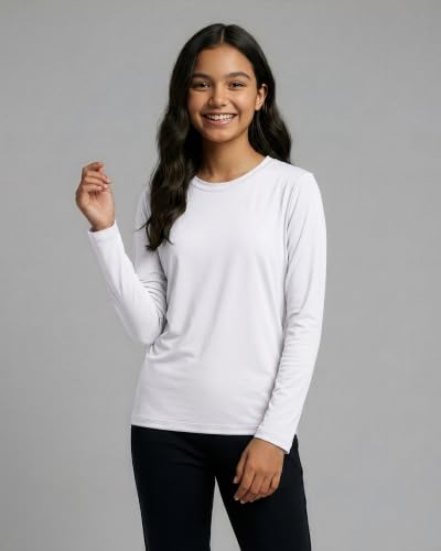 Image of Real Essentials 4 Pack: Girls' Dry-Fit Long Sleeve Crew Neck T-Shirt - Athletic Activewear Soccer Top for Teens Kids Youth