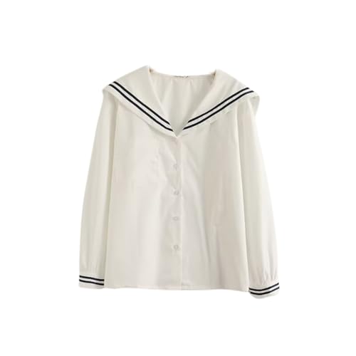 BAIMORE Women's JK Uniform Blouse Sailor Collar Striped Long Sleeve Button Down Loose Shirt White