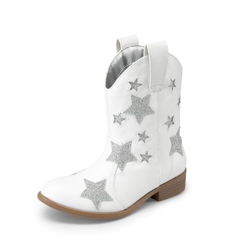 DREAM PAIRS Girls Cowgirl Boots Mid Calf Glitter Cowboy Western Boots Toddler Girls Star Riding Shoes 9 Toddler White