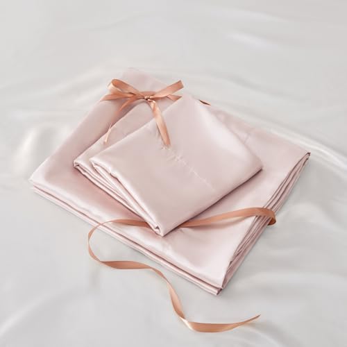 BEDELITE Satin Fitted Sheet and Pillowcase Set, Luxury Soft Similar to Silk Bottom Bedsheet with Elastic Corner Straps, Deep Pocket up to 15 Inch, 1 Fitted Sheet and 1 Pillowcase(Twin, Pink)